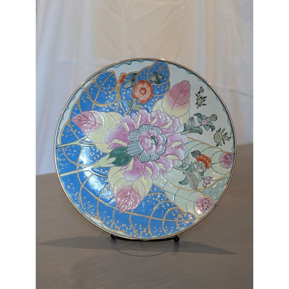 Andrea by Sadek Embossed Floral Decorative Plate, Pink Peony & Blue Lattice